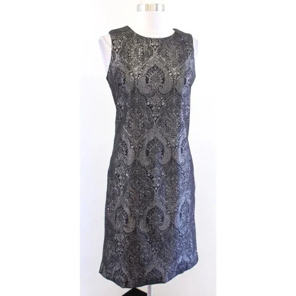 NWT J McLaughlin Zahara Black Champagne Jacquard Sheath Dress Size 2 Metallic - Picture 2 of 8